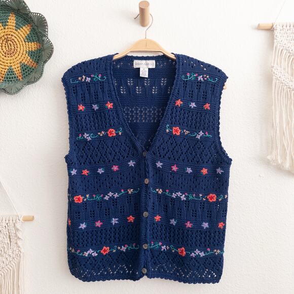Vintage Robert Scott LTD Blue Floral Knit Sweater Vest Linen Blend Size Large - Picture 1 of 5